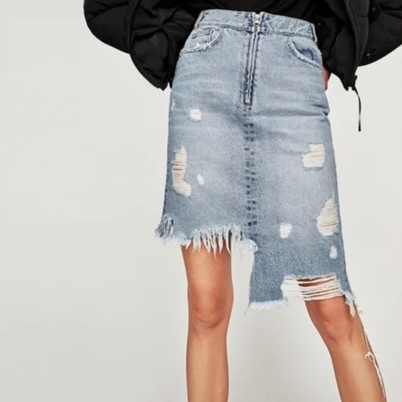 Zara Trafaluc Distressed Ripped Distressed Asymmetrical Midi Skirt - Picture 1 of 13